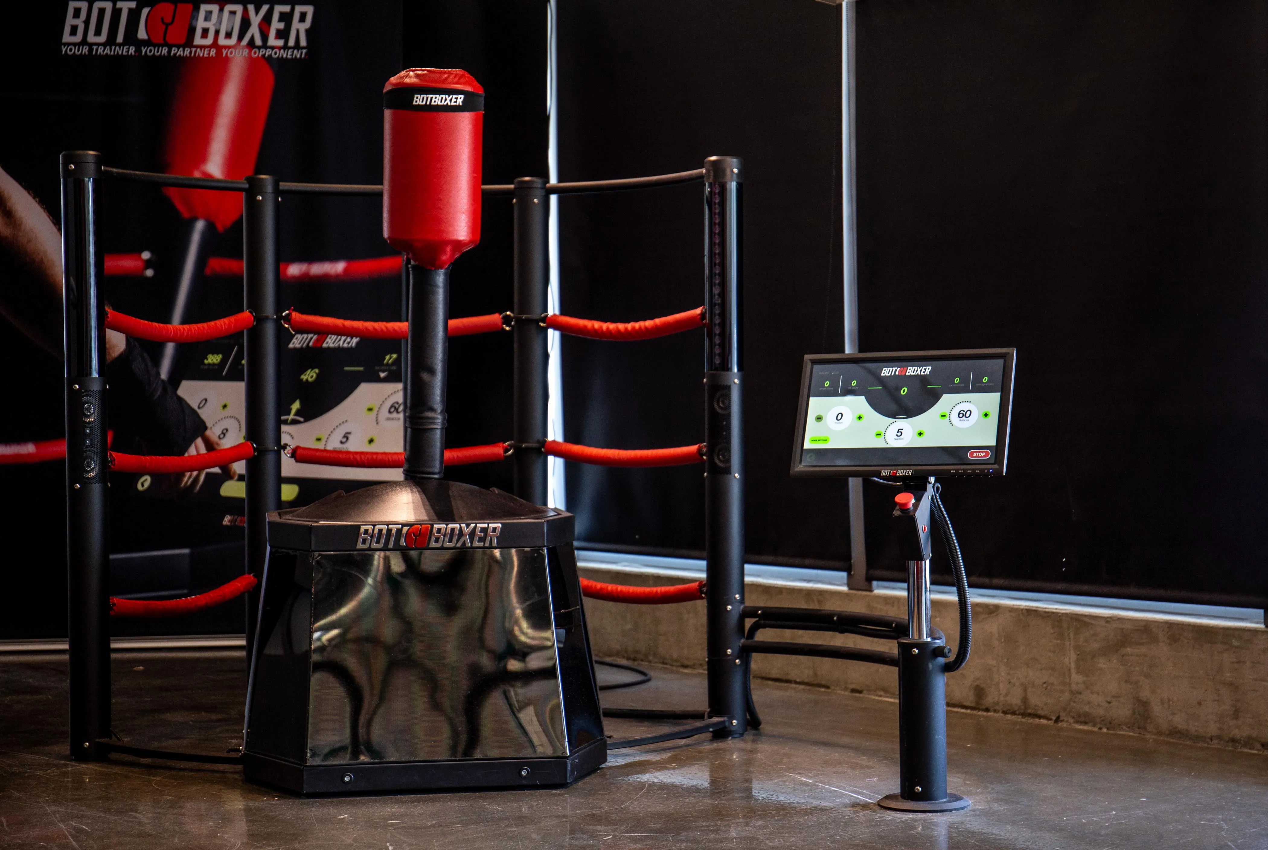 Athlete training reactions on a BotBoxer reaction-based boxing trainer