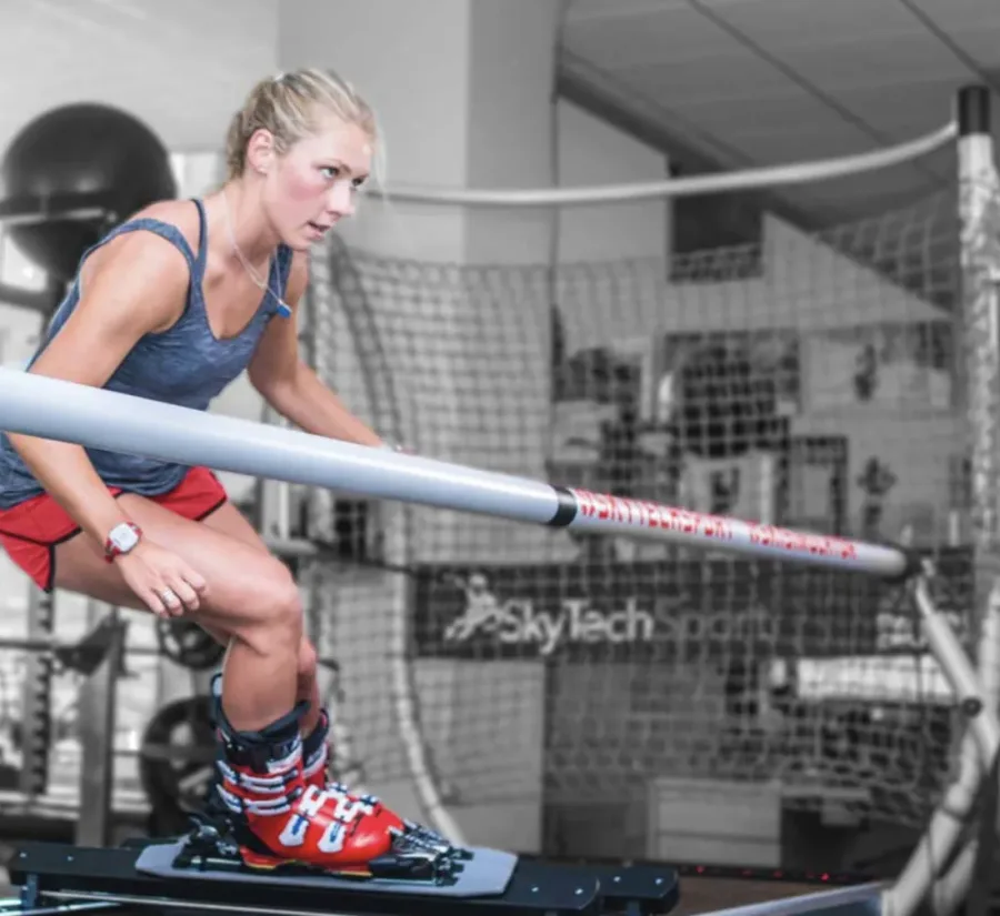 Mikaela Shiffrin training on the SkyTechSport ski simulator