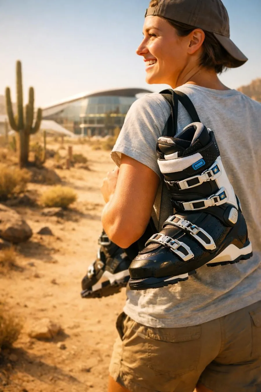 Carrying ski boots toward a SkyTechSport facility in the desert — ski anywhere, any season