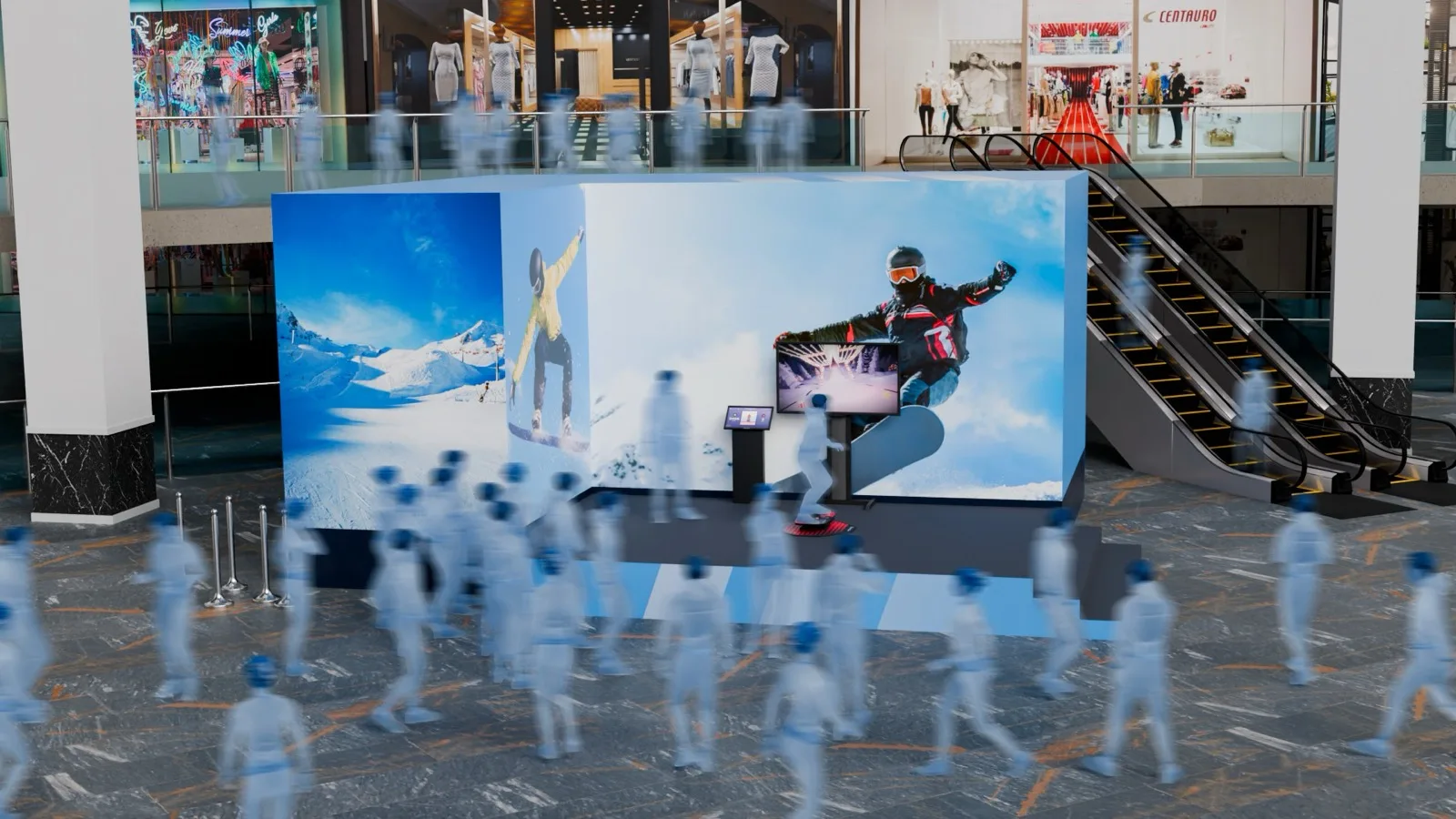 A busy SkyTechSport ski simulator attraction with guests waiting their turn