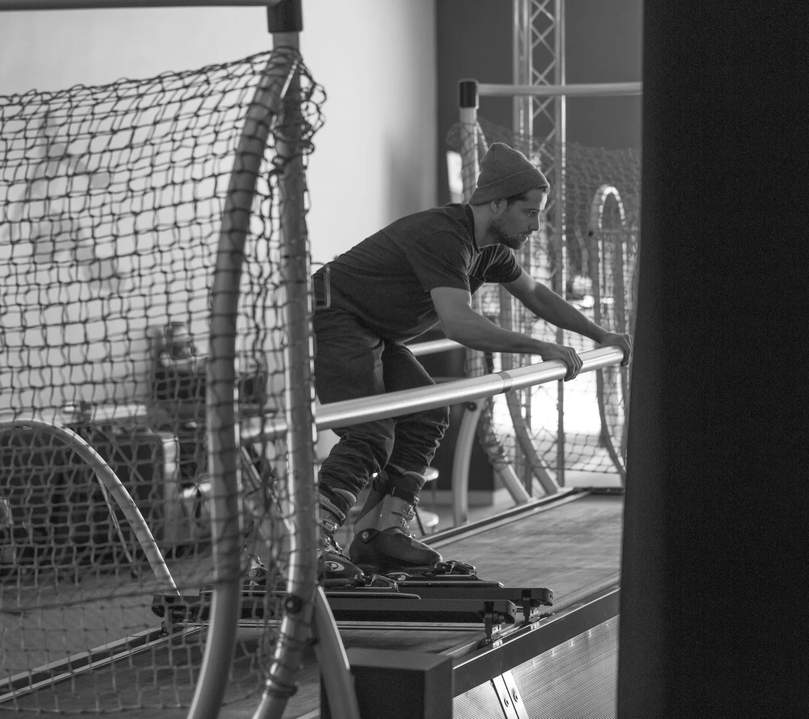 A candid moment of an athlete training on the SkyTechSport ski simulator