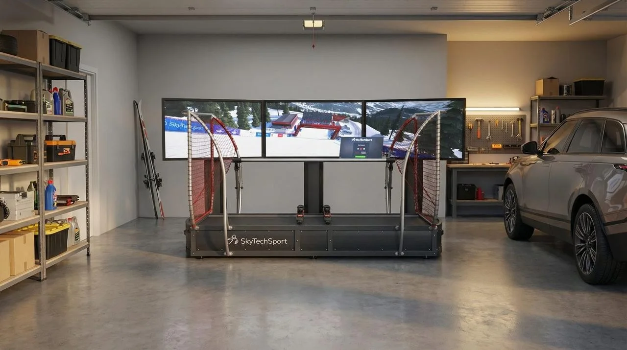 SkyTechSport ski simulator installed in a luxury home garage with a triple-screen display